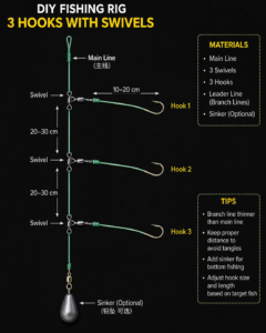 3 hook swivel fishing rig diagram with main line, three hooks and sinker xsikes fishing hooks setup
