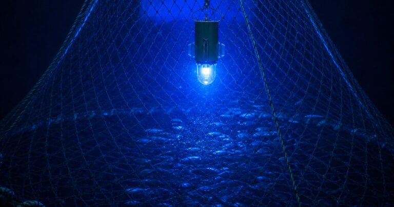 Commercial fishing trap with disposable LED underwater fishing light attached, illuminating crab pot in deep water for increased catch rates