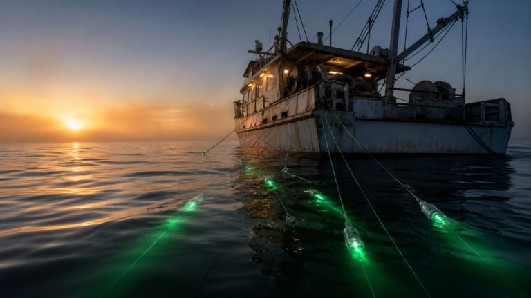Commercial fishing boat deploying underwater fishing lights at dawn for deep drop fishing