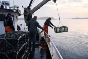 Commercial Fishing Vessel Deploying Cod Pots with LED Lights