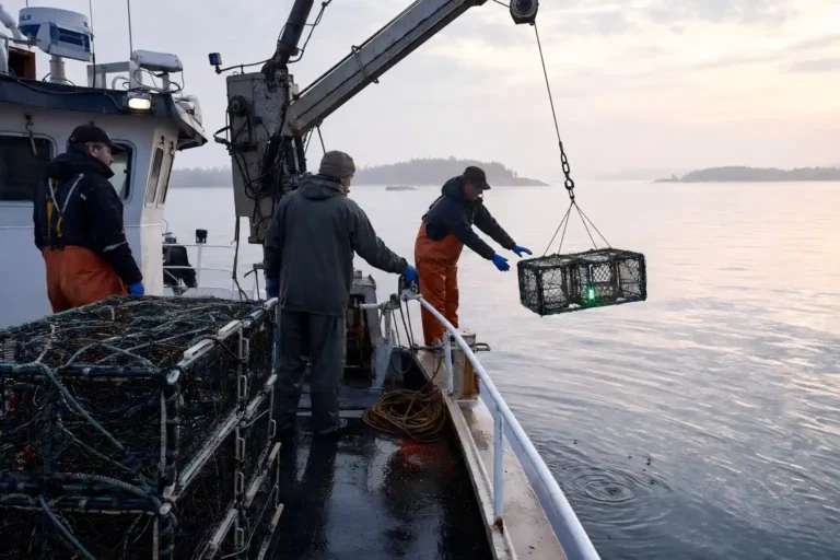 Commercial Fishing Vessel Deploying Cod Pots with LED Lights