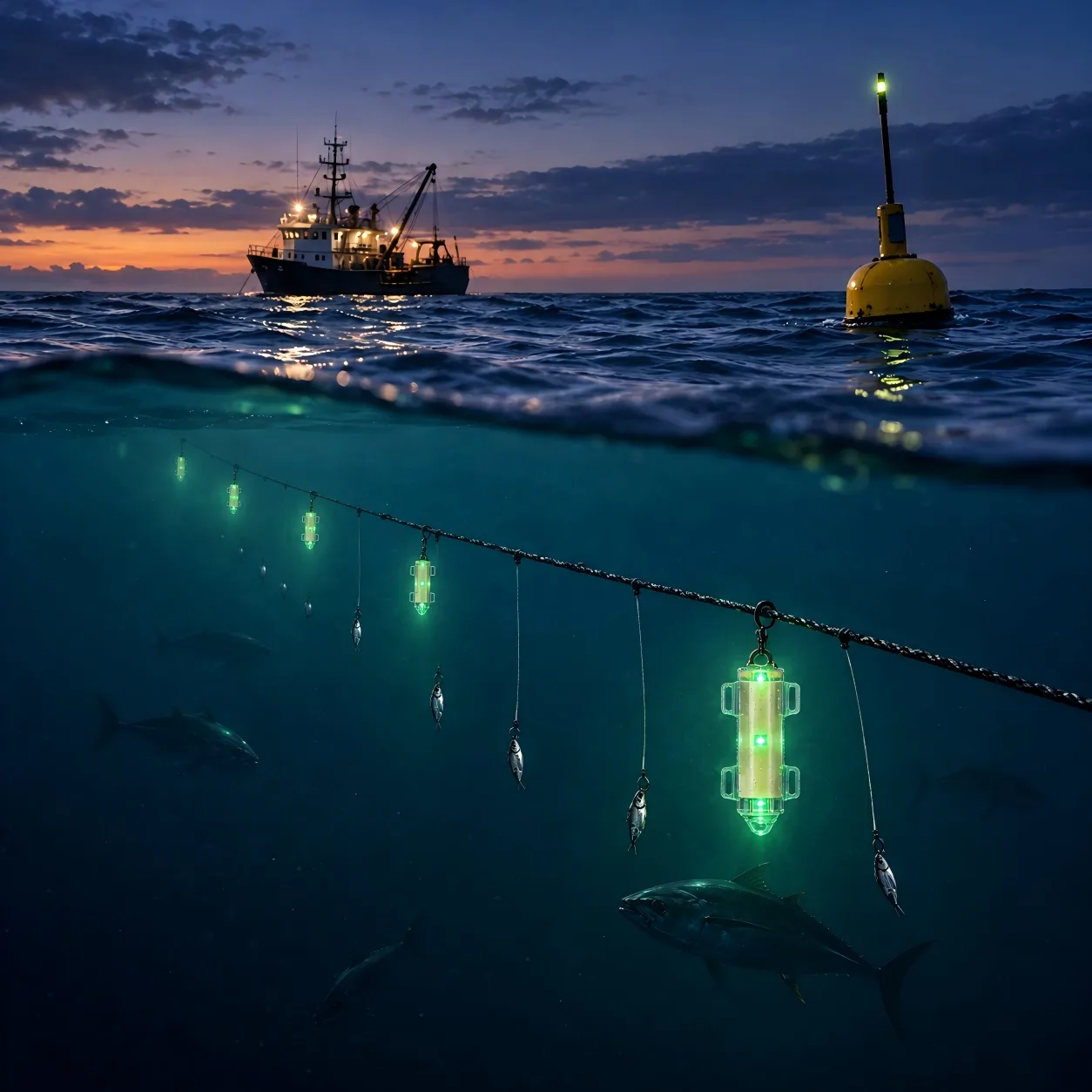Longline fishing with deep drop lights and AIS buoys