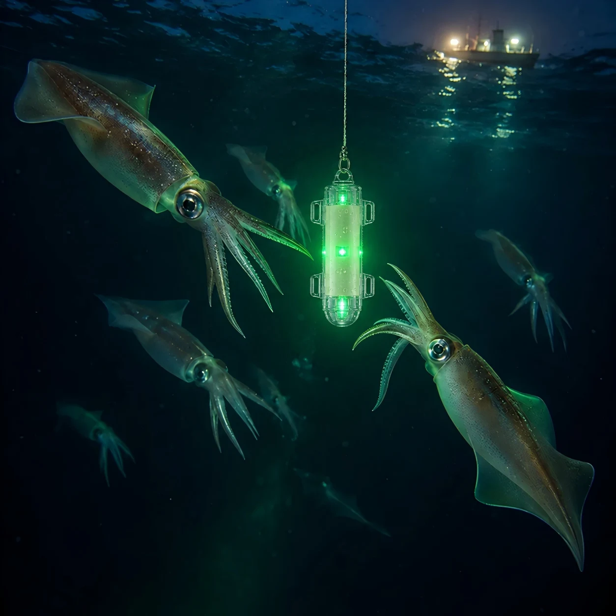 Squid fishing with LED underwater fishing lights at night