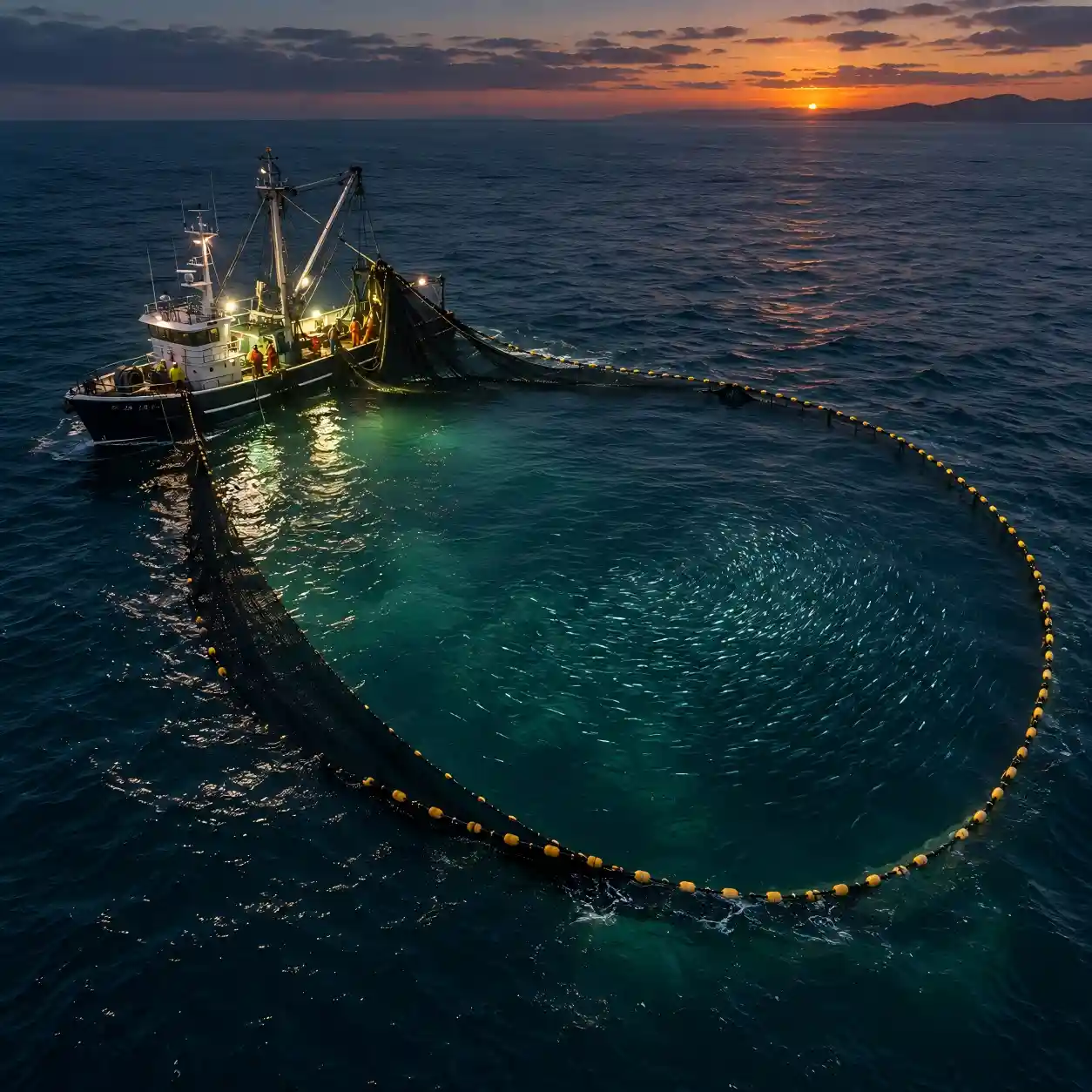 Purse seine and net fishing with underwater luring lights