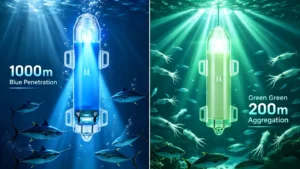 Blue LED fishing light penetrating 1000m deep sea water attracting tuna and swordfish, versus green fishing light at 200m forming a squid and baitfish aggregation